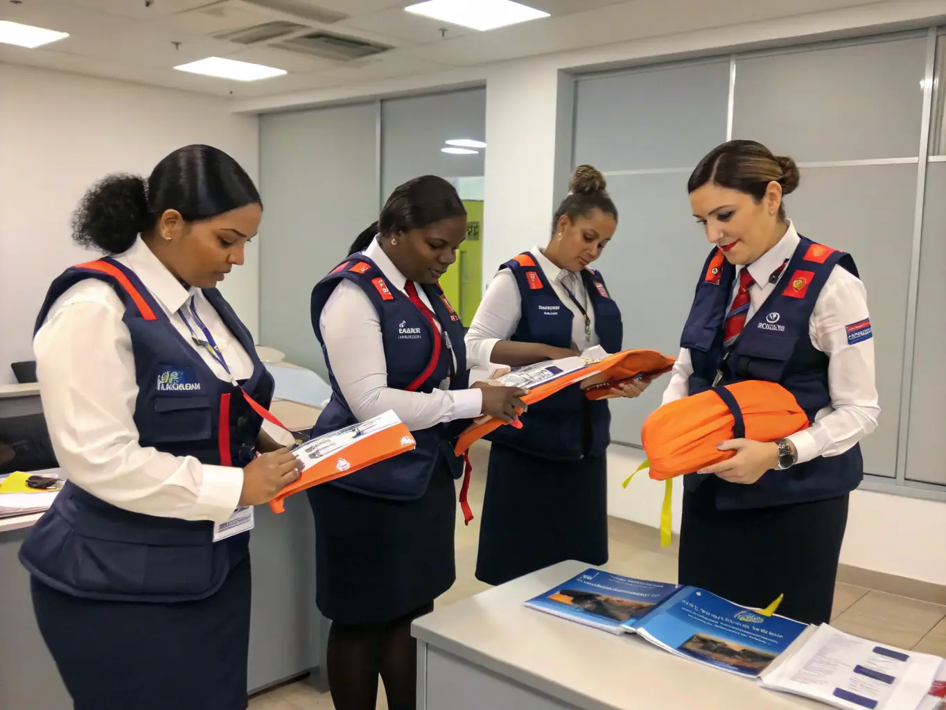An image of a diverse team of flight attendants in a training session, learning safety procedures and customer service skills.