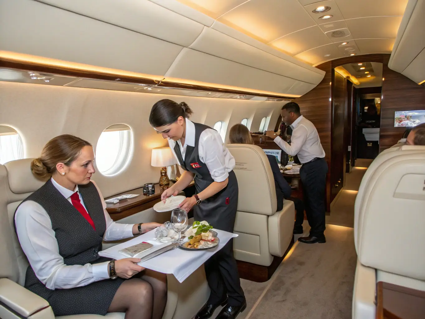 A professional flight attendant assisting passengers onboard a private jet, dressed in a tailored uniform, with a welcoming smile.