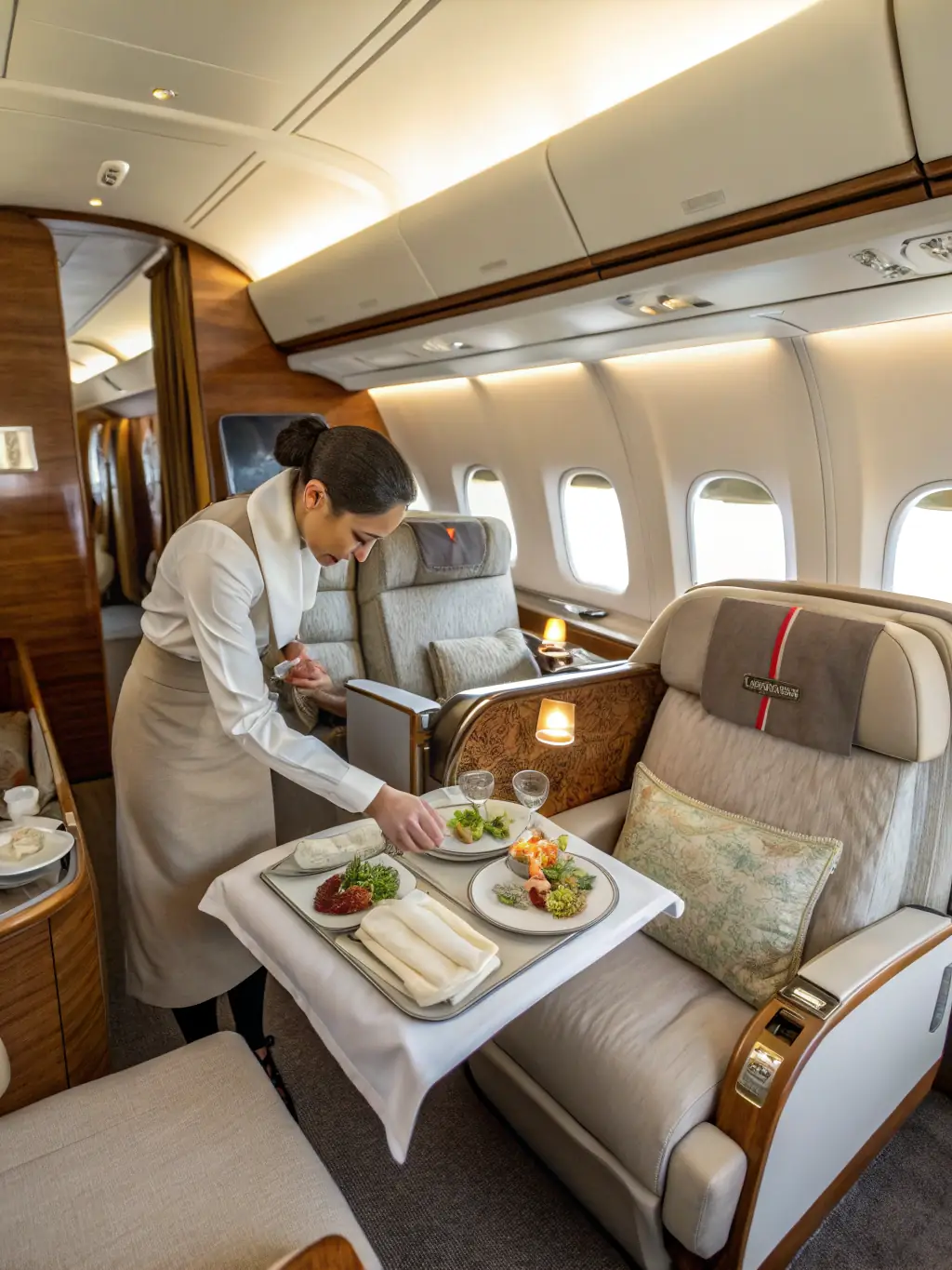 A seasoned flight attendant serving beverages to passengers in a first-class cabin, demonstrating NY Crew's ability to provide experienced staff for premium service.